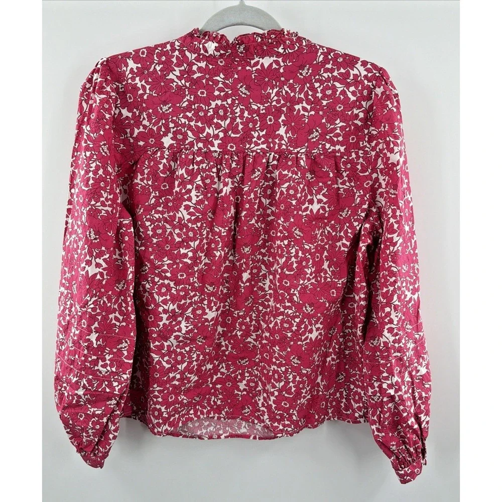 J. Crew Pink Floral Long Sleeve Popover Blouse Top Size Medium Coastal Peasant